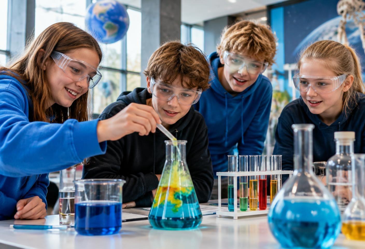 Jugendliche führen gemeinsam ein farbenfrohes Experiment durch