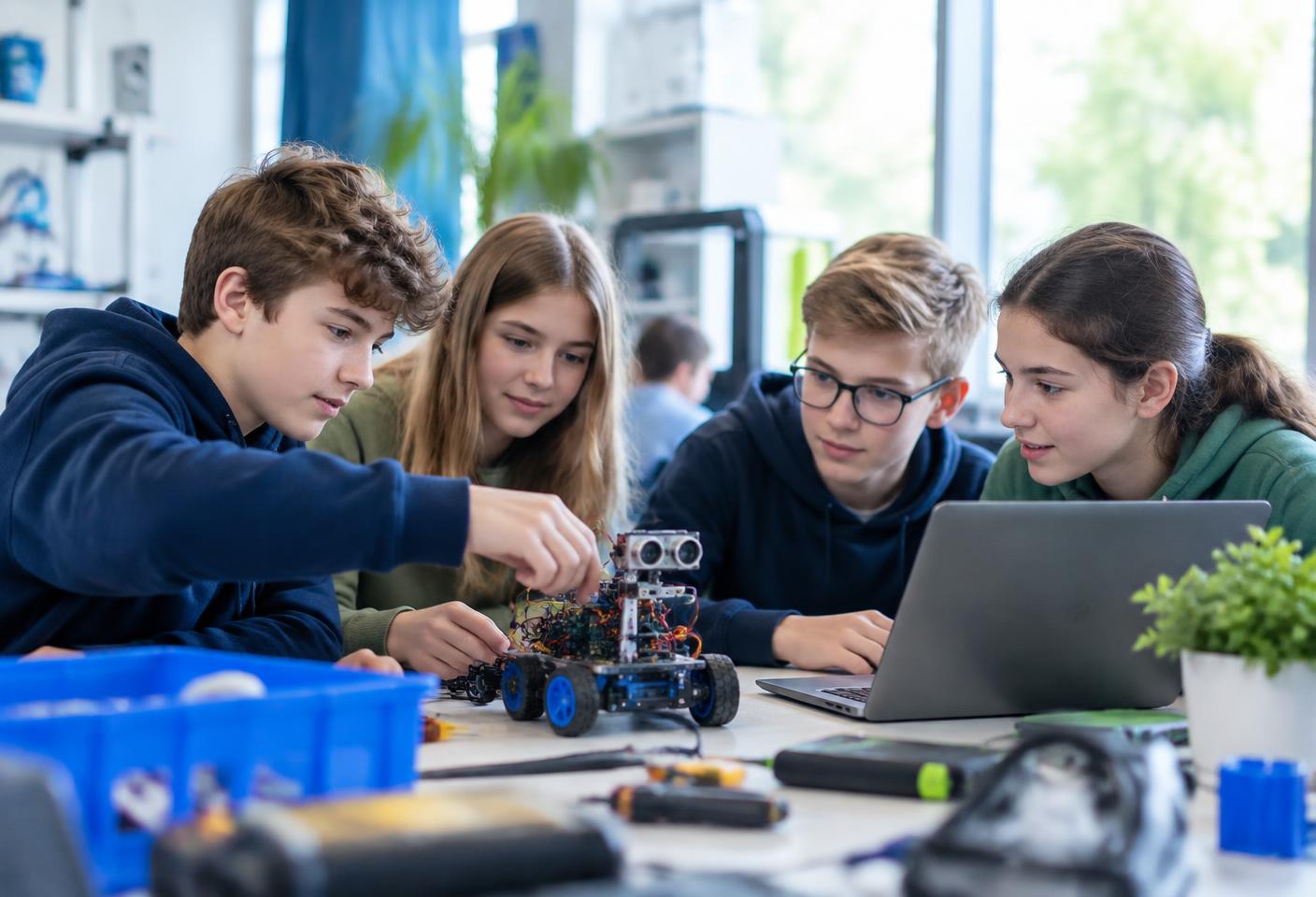 Jugendliche bauen gemeinsam an einem kleinen Roboter